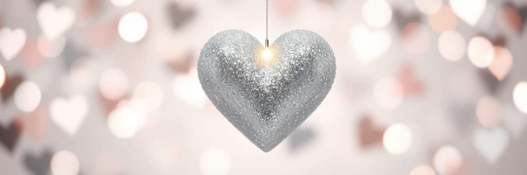 A silver glitter heart ornament dangles against a soft backdrop filled with twinkling heart shapes, creating a romantic and festive atmosphere perfect for special occasions.