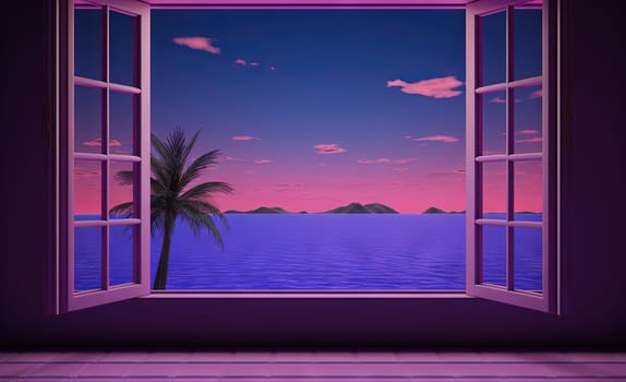 Open window with tropical landscape and ocean in vaporwave style. Purple sundown in 90s style room, vacation calmness frame. Generated AI