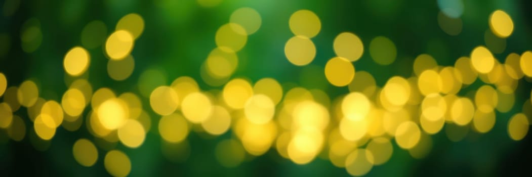 Soft yellow bokeh lights twinkle among green foliage, creating an inviting and cozy ambiance during the evening, perfect for gatherings or relaxation.
