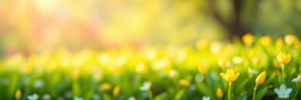 A vibrant garden in spring showcases blooming yellow and white flowers under a warm sun. The scene is alive with colors and soft light, creating a serene atmosphere.