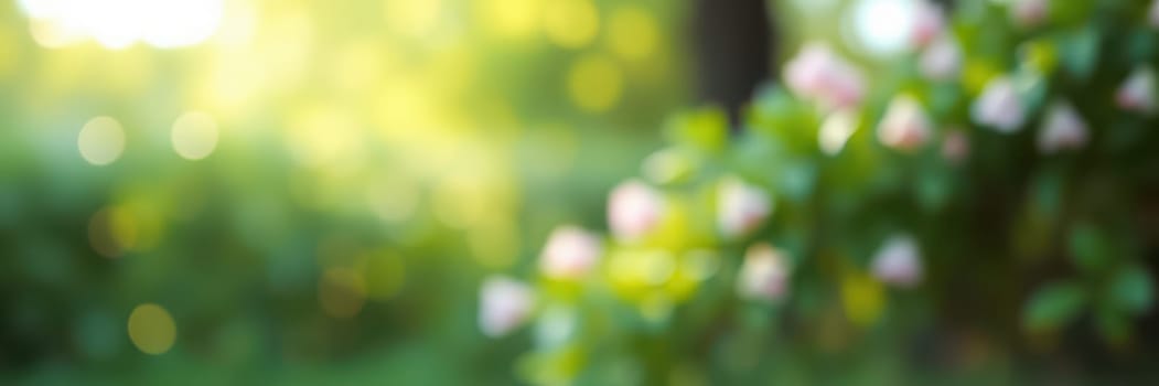 A lush garden filled with blooming flowers enjoys the warm sunlight of early morning. Green leaves create a refreshing backdrop, enhancing the beauty of nature's colors.