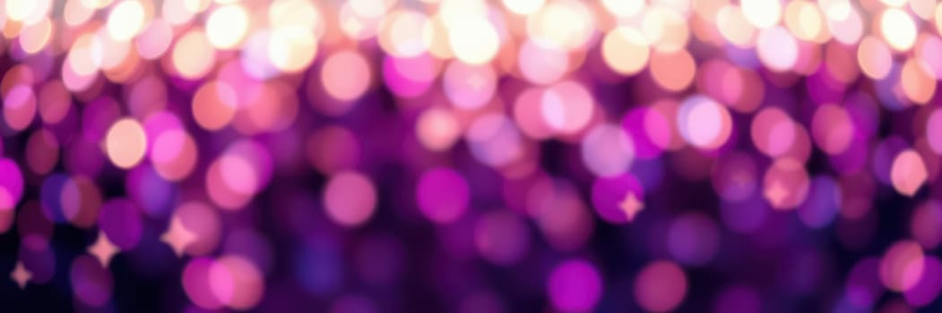 Soft and vibrant bokeh lights in shades of purple and pink fill the background, illuminating a joyful gathering at a community event during the evening hours.