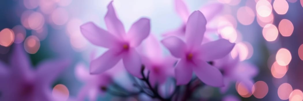 Delicate pink flowers with soft petals are highlighted in a tranquil garden, surrounded by glowing, blurred lights creating a dreamy atmosphere at night.