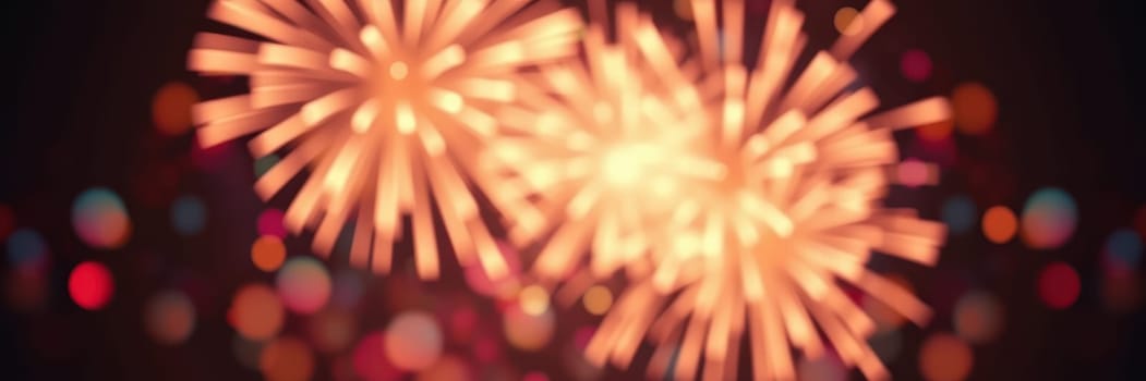 Colorful fireworks burst into the night sky, creating a stunning spectacle over a lively city during a festive event. People gather below, captivated by the display.