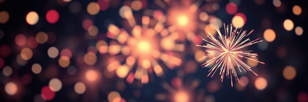 Bright and colorful sparks burst in the night sky, creating a festive atmosphere in the urban landscape. People gather below, enjoying the dazzling display during the celebration.