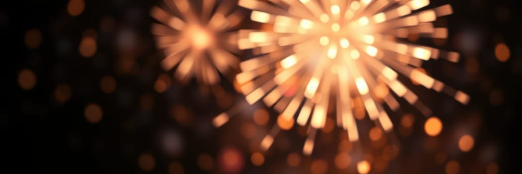 Fireworks burst in brilliant colors against the dark sky, creating a festive atmosphere in a lively urban area during a nighttime celebration with joyful spectators.