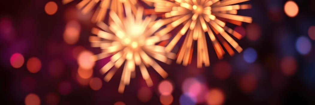 Fireworks burst into brilliant colors against a dark sky, creating a stunning display during a nighttime celebration in an urban area filled with excitement.
