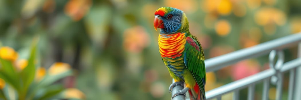 A vibrant parrot rests on a railing, showcasing its colorful feathers. Surrounding it are blooming flowers, creating a picturesque tropical garden atmosphere.