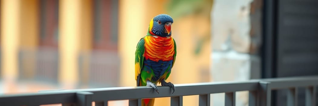 A colorful rainbow lorikeet stands on a railing, basking in the morning sunlight. The vibrant feathers create a striking contrast against the soft urban backdrop.