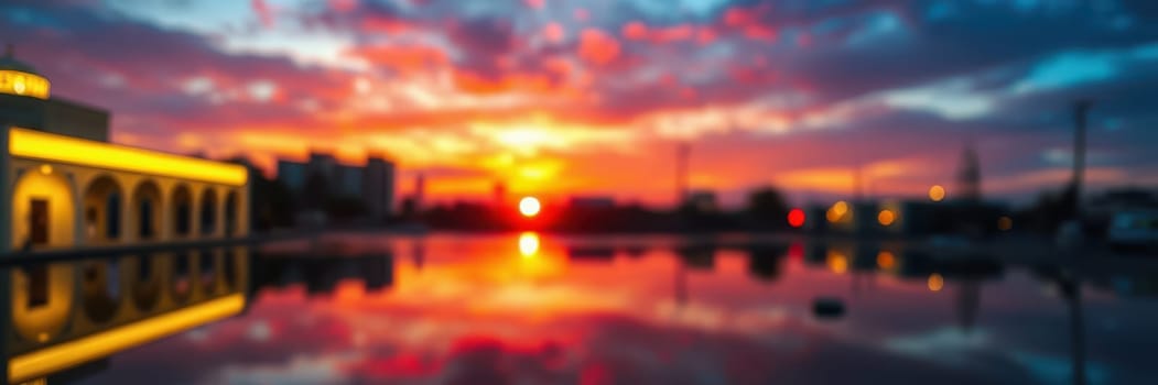 A stunning sunset casts warm hues of orange and purple across the sky, reflecting beautifully on still water. The outline of a building and distant cityscape create an enchanting atmosphere.