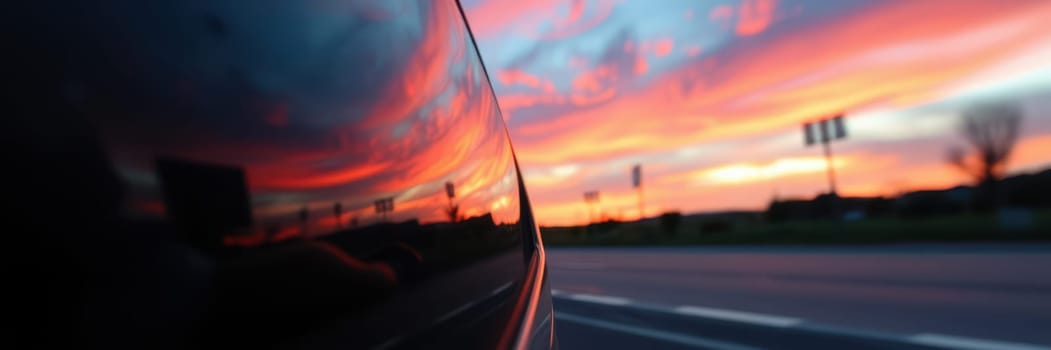 A stunning sunset casts vivid colors across the sky, reflecting beautifully on the sleek surface of a parked car. The scene captures a serene moment in the late evening.