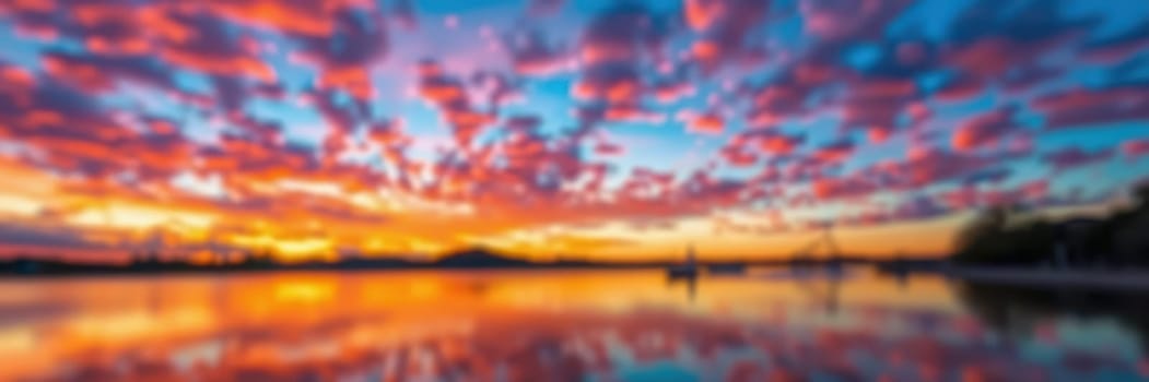A breathtaking sunset displays a spectrum of colors across the sky, reflecting off calm waters. Scattered clouds enhance the scene's beauty as night approaches.