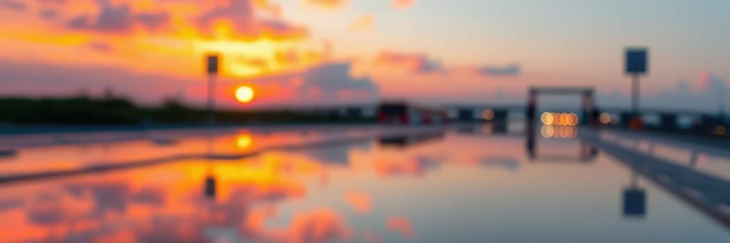 A vibrant sunset casts striking colors over calm water, creating a stunning reflection. The peaceful atmosphere is enhanced by distant silhouettes and soft clouds.