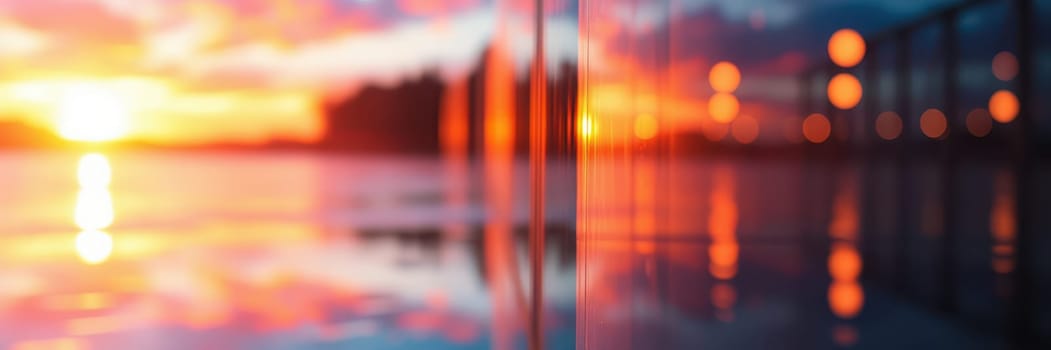 A stunning sunset casts vibrant colors across the sky while reflections create a mesmerizing view on the water's surface near a glass barrier at dusk.