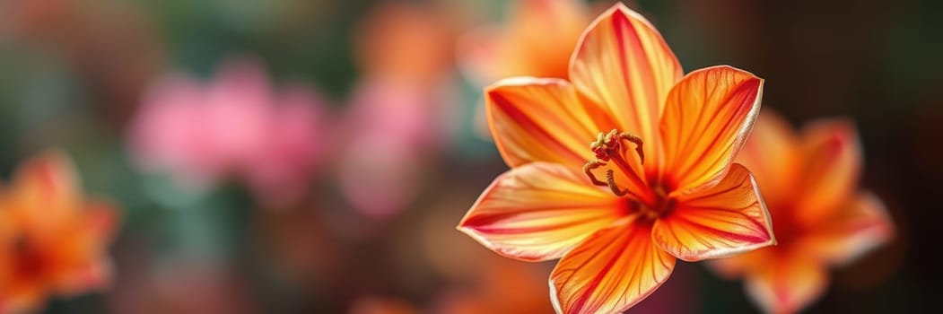 A striking orange flower stands out in a colorful garden, showcasing intricate petals and vibrant hues against a blurred background of pink flowers and green foliage.