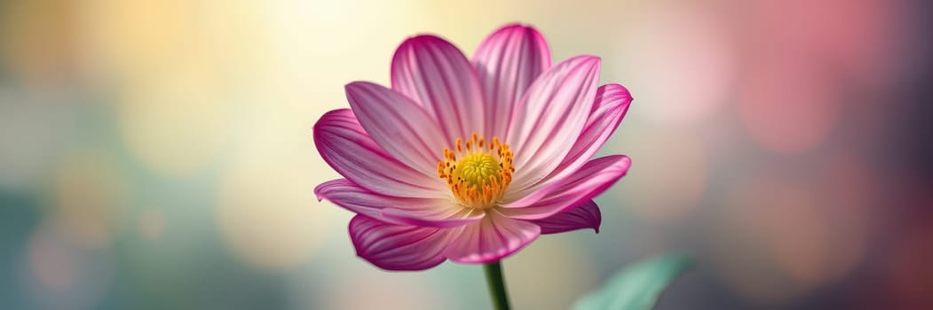 A delicate pink flower showcases its vibrant petals and golden center in a softly blurred background, illuminated by warm sunlight on a clear day, creating a serene atmosphere.