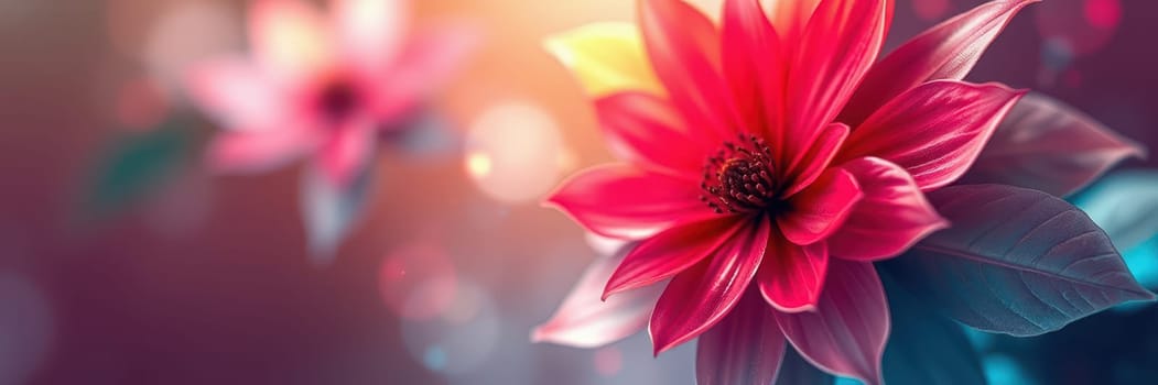 Bright pink flowers unfold their petals amidst a soft, colorful backdrop filled with bokeh lights, creating a cheerful spring atmosphere.