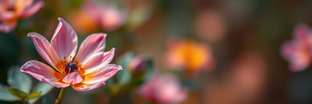 A delicate pink flower opens its petals in a lively garden, surrounded by greenery and blurred blossoms, under bright sunlight, creating a serene atmosphere.