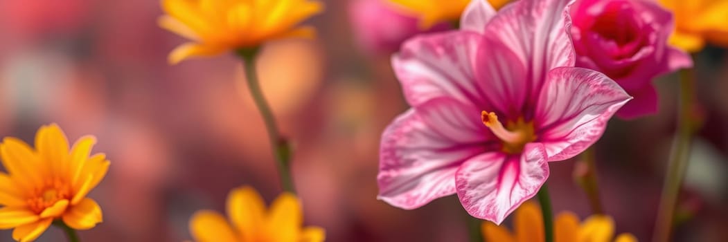 Beautiful flowers are blossoming in a vibrant garden, showcasing shades of pink and yellow. The scene captures the essence of spring with its lively colors and fresh greenery.