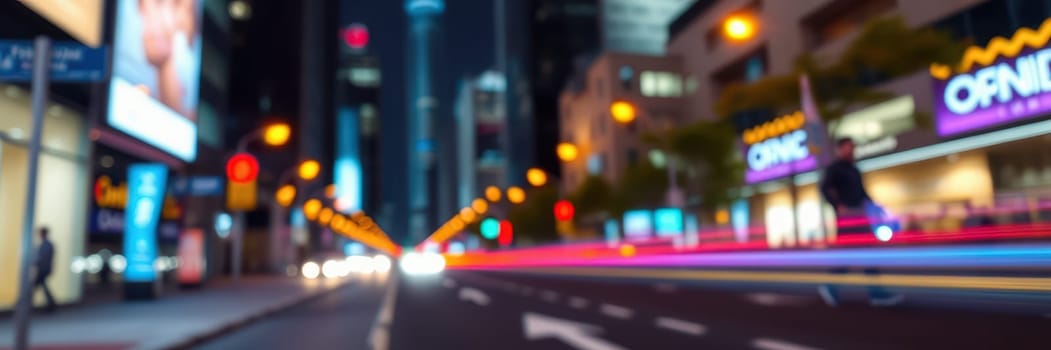 A lively urban atmosphere filled with glowing lights and fast-moving vehicles creates an energetic vibe at a busy intersection in the city at night.