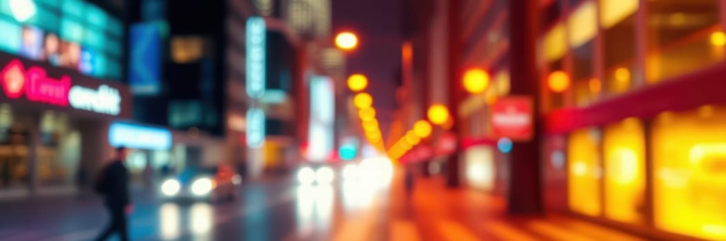 Streets are alive with activity as city lights create a colorful glow. Pedestrians navigate the sidewalks while vehicles move through the illuminated thoroughfare at night.