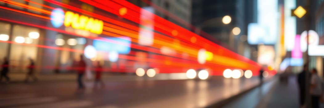 Bright red light streaks convey the fast-paced nature of an urban environment at night. Traffic and neon signs illuminate the street, highlighting city life.