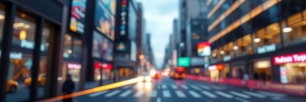 A city street transitions into evening as bright storefronts and billboards illuminate the scene.