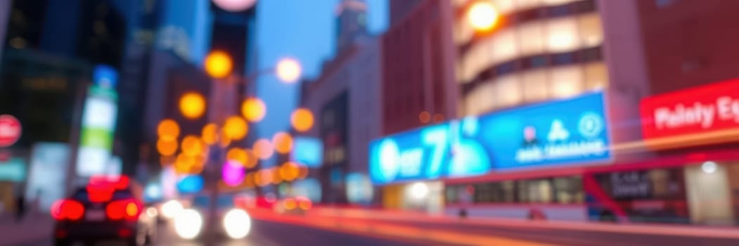 Evening city life captures the essence of bustling streets filled with colorful lights. Vehicles move swiftly, creating a lively atmosphere in an urban environment.