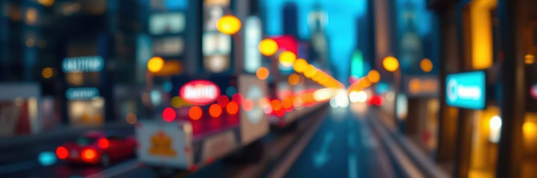 Traffic flows along a bustling city street during twilight, with glowing lights from buildings and vehicles creating a lively, dynamic environment that captures urban life.