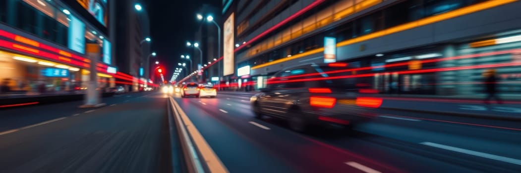 Cars rush along a busy city street illuminated by bright neon lights. The nighttime setting showcases a lively urban environment with motion blur reflecting speed.