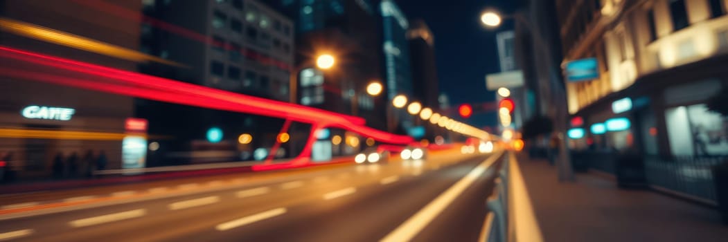 Bright lights from buildings and vehicles create an energetic atmosphere on a busy street at night. The scene showcases the lively city life with blurred movement indicating speed.