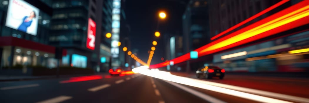 Nightlife in a bustling urban environment is captured with dynamic light trails from moving vehicles. The blend of colors creates an energetic atmosphere in the city.