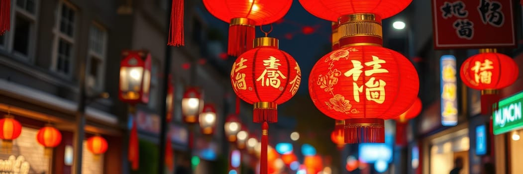 Red lanterns hang above a lively street, creating a cheerful atmosphere during a nighttime festival. Bright lights and decorations enhance the festive spirit of the celebration.