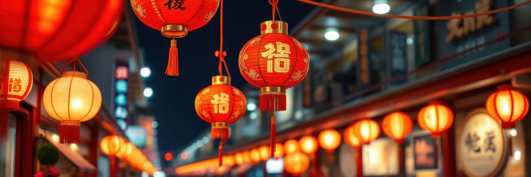 A vibrant street filled with red lanterns glowing against the night sky creates a festive atmosphere. Visitors enjoy the lively market, surrounded by shops and decorations.