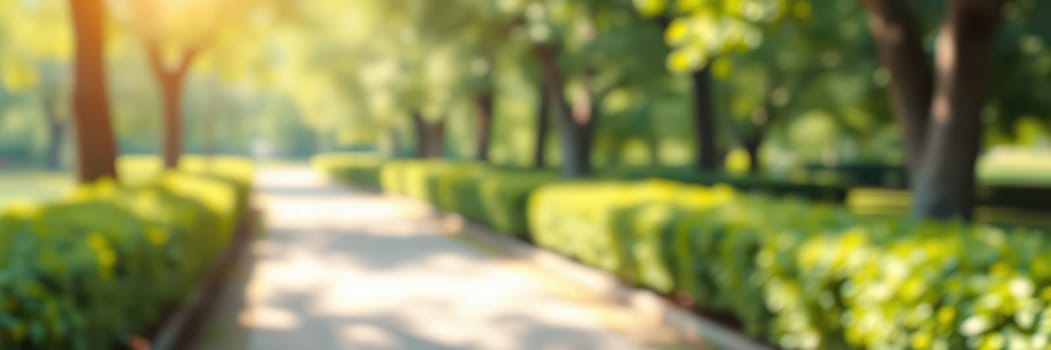 A serene pathway meanders through a vibrant park filled with trees and neatly trimmed hedges, illuminated by soft sunlight on a warm afternoon.