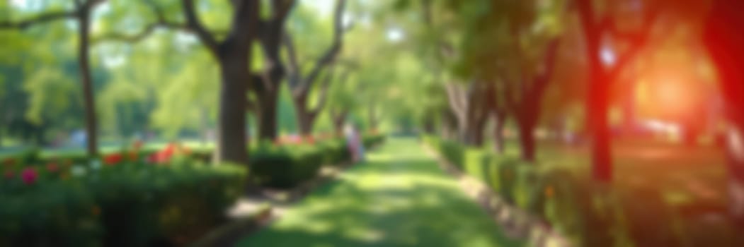 A serene park pathway is lined with tall trees, vibrant flowers, and manicured shrubs. Sunlight filters through the leaves, creating a peaceful atmosphere for visitors to enjoy.