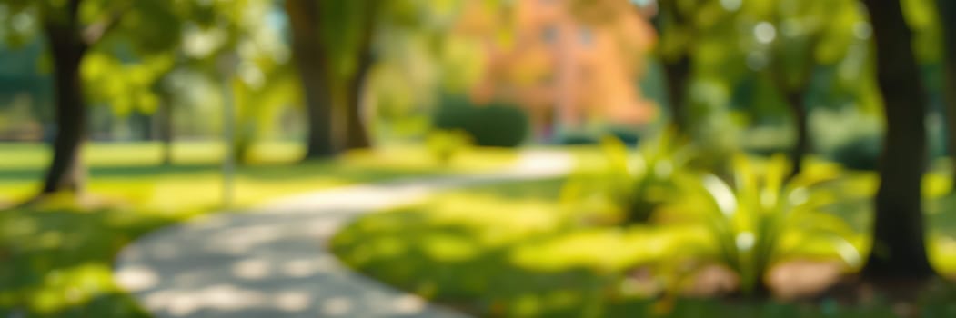 A winding pathway leads through a vibrant park filled with lush greenery and colorful autumn foliage under a bright blue sky. People enjoy leisure time in the peaceful setting.
