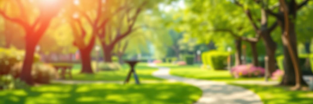 Bright sunlight filters through the trees in a tranquil park, illuminating winding pathways lined with colorful flowers, inviting visitors to stroll and relax.