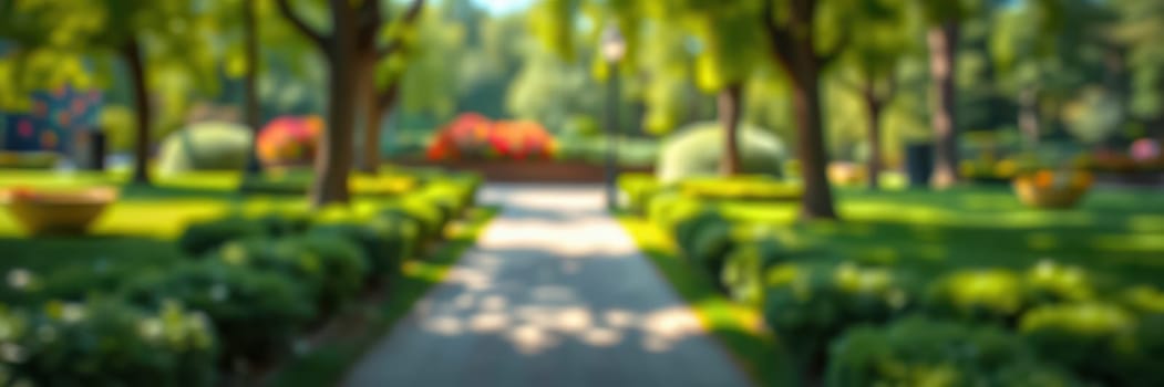 A serene pathway winds through a vibrant park filled with blooming flowers and lush greenery. The sun shines brightly, creating a peaceful atmosphere perfect for a leisurely stroll.