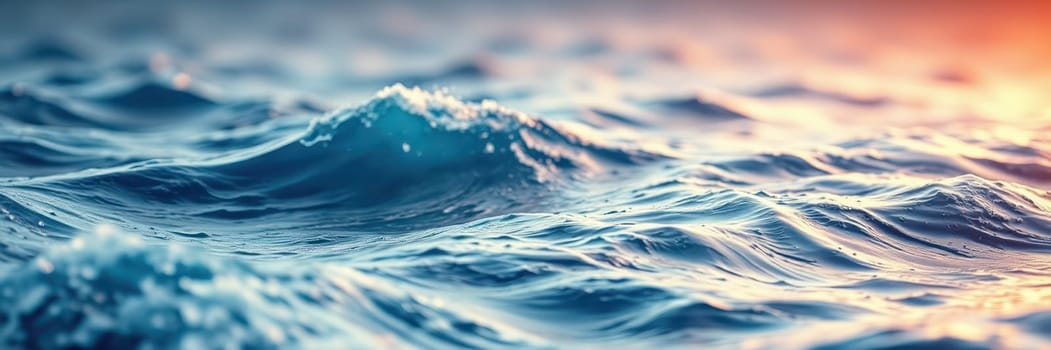 Gentle waves roll in as the sun sets on the horizon, casting warm colors across the water. The calm surface reflects the peaceful ambiance of the evening.
