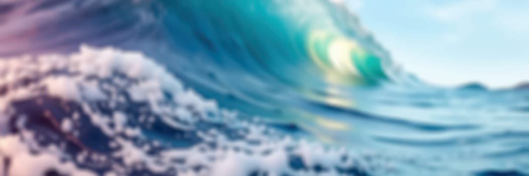 Powerful ocean wave rolls towards the beach, catching sunlight and creating a beautiful contrast against the blue water. This moment highlights nature's dynamic beauty.