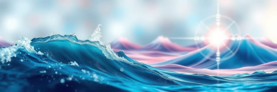 Colorful waves roll gently towards the shore as the sun rises, creating a tranquil atmosphere. The scene captures a vibrant interplay of light and water.