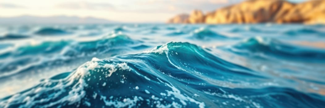 Calm waves lap against a sandy shore as the sun sets, casting warm golden hues over the water and illuminating the nearby rocky cliffs in a tranquil coastal setting.
