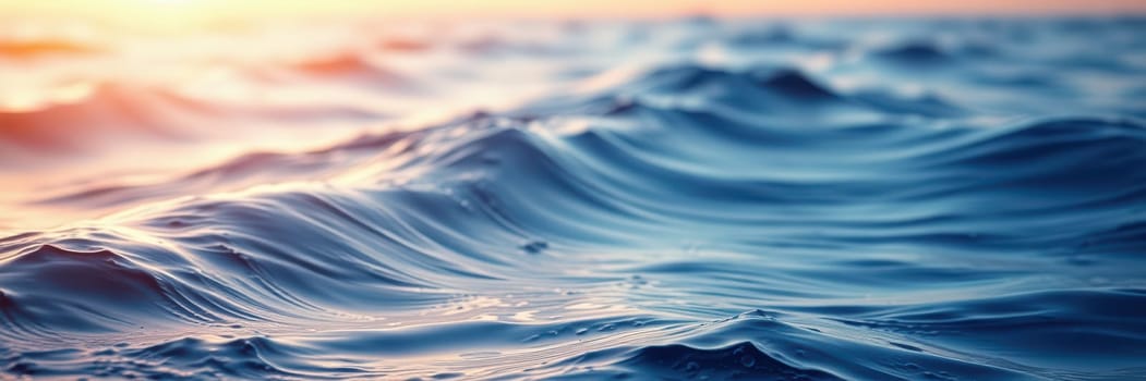 Gentle waves roll across the ocean's surface as the sun sets, casting a warm golden glow on the water. The scene exudes tranquility and peace at dusk.