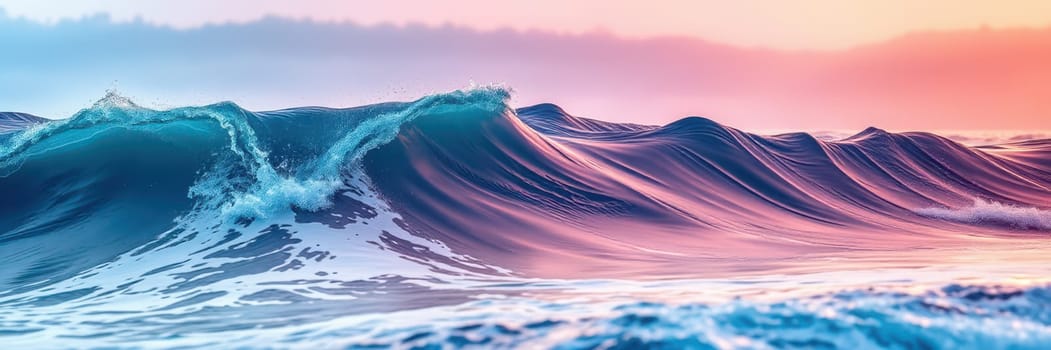 Waves rise and fall gracefully along the shoreline as the vibrant colors of sunset reflect on the water, creating a tranquil and picturesque coastal view.