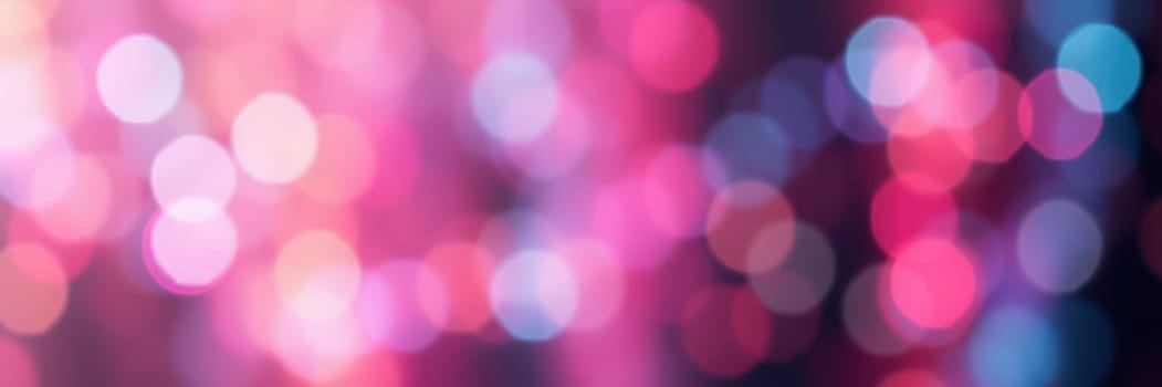 Bright, vibrant bokeh lights shimmer in shades of pink, blue, and purple, creating a festive atmosphere for guests during an evening celebration in the city.