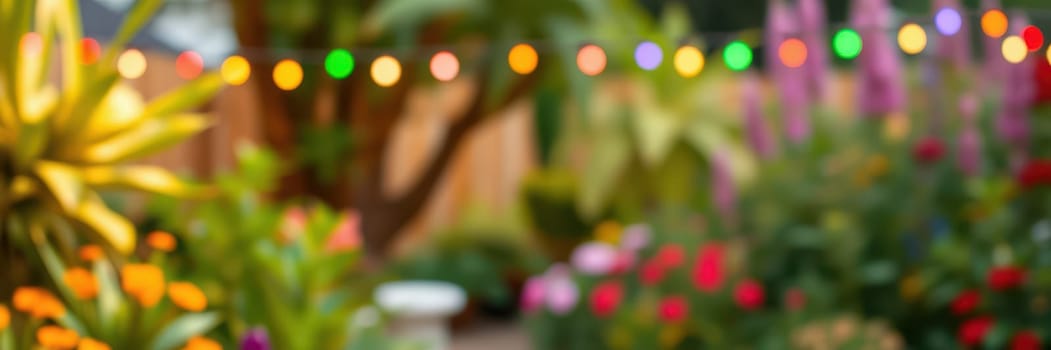 A lush garden is decorated with blooming flowers in various colors, illuminated by twinkling string lights. The setting has a peaceful and inviting atmosphere, perfect for relaxation.