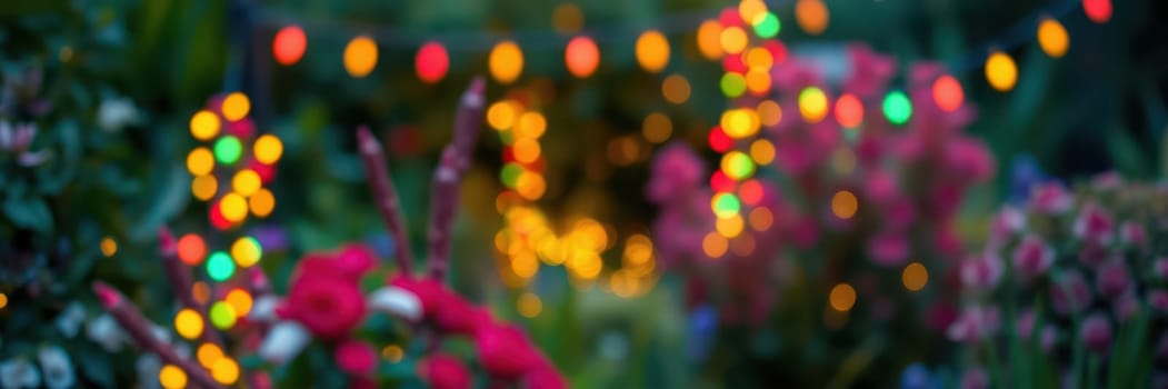 Twinkling lights create a festive atmosphere in a lush garden filled with blooming flowers. Friends gather to enjoy the warmth and vibrant colors of the evening.