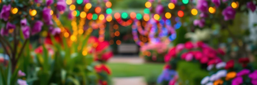 A vibrant garden pathway is adorned with colorful flowers and bright lights, setting a cheerful atmosphere for an evening gathering or celebration in a serene outdoor space.