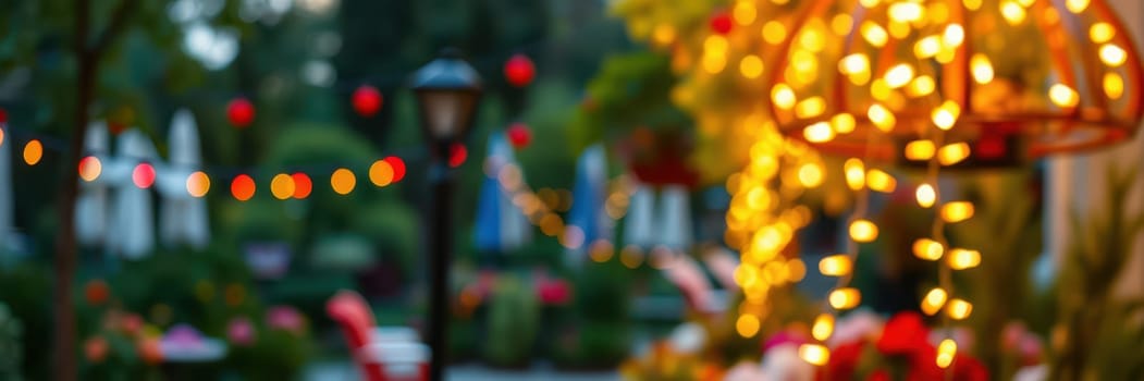 Soft, warm lights create a magical atmosphere in a garden filled with flowers and comfortable seating, inviting guests to relax and socialize on a serene evening.